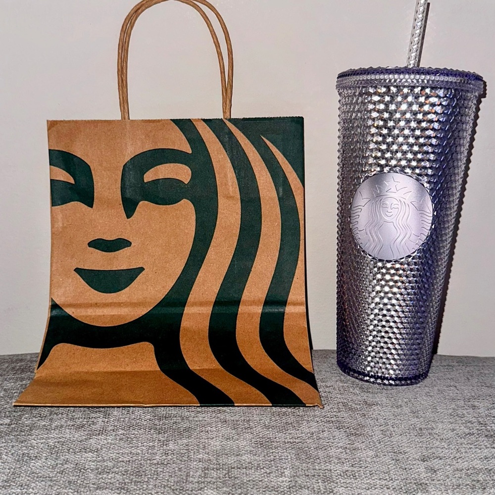 Starbucks Silver Textured Tumbler with Brown Bag